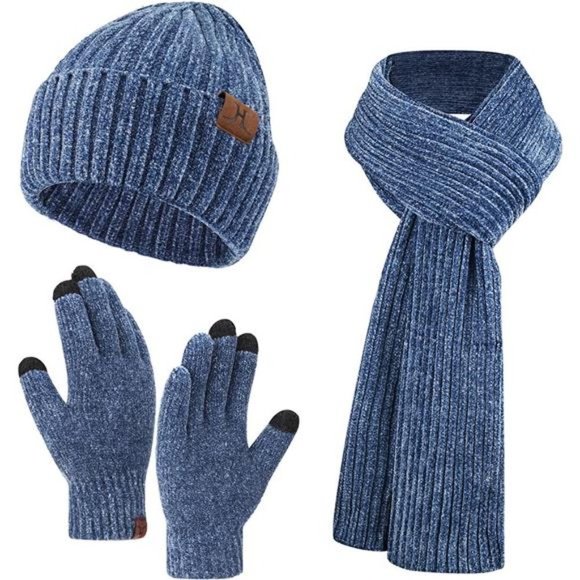 𝅺womens Winter Knit Warm Hat Beanie+Long Scarf+Touch Screen Gloves Set Blue